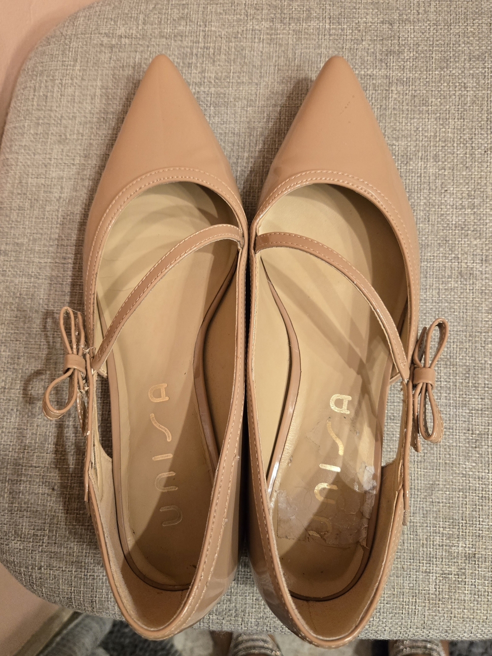 Unisa Nude Patent Mary Jane Flats with Bow